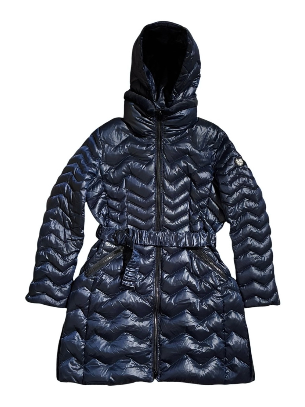 Dawn Levy Puffer Parka Jacket Coat Navy Velvet Accents